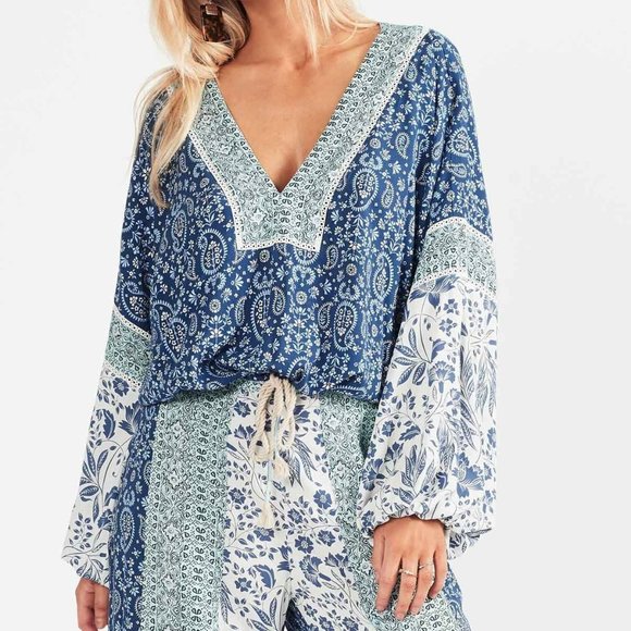 TIGERLILY Cameli Blue Patchwork Paisley Long Sleeve Blouse - Picture 2 of 12